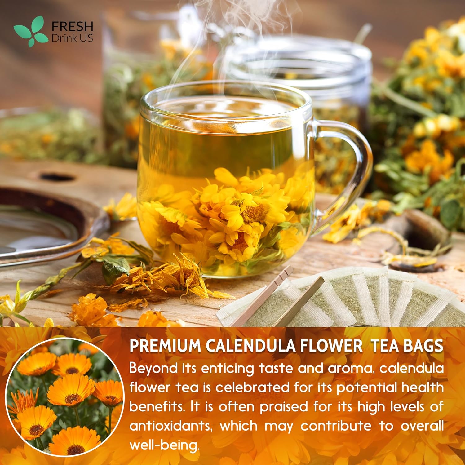 Calendula Tea Bags, 100% Natural and Pure Calendula Flowers, Eco-conscious Tea Bags. Calendula Flower Herbal Tea. No Sugar, No Caffeine, No Gluten, Vegan. by FreshDrinkUS - Natural and Premium Herbal Tea