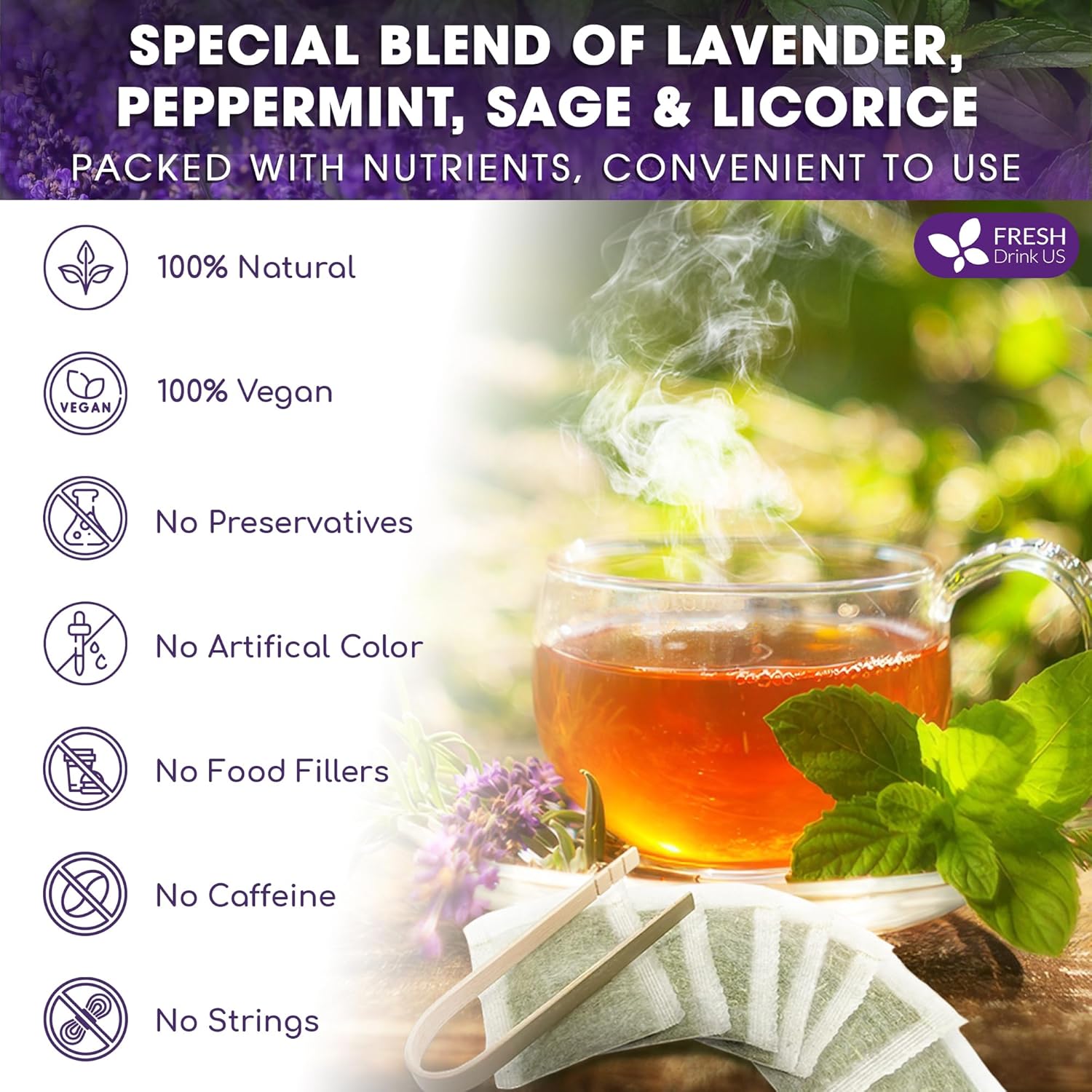 Premium Lavender Mint Tea Bags. 100% Natural, Blend of Lavender, Peppermint, Sage and Licorice. by FreshDrinkUS - Natural and Premium Herbal Tea