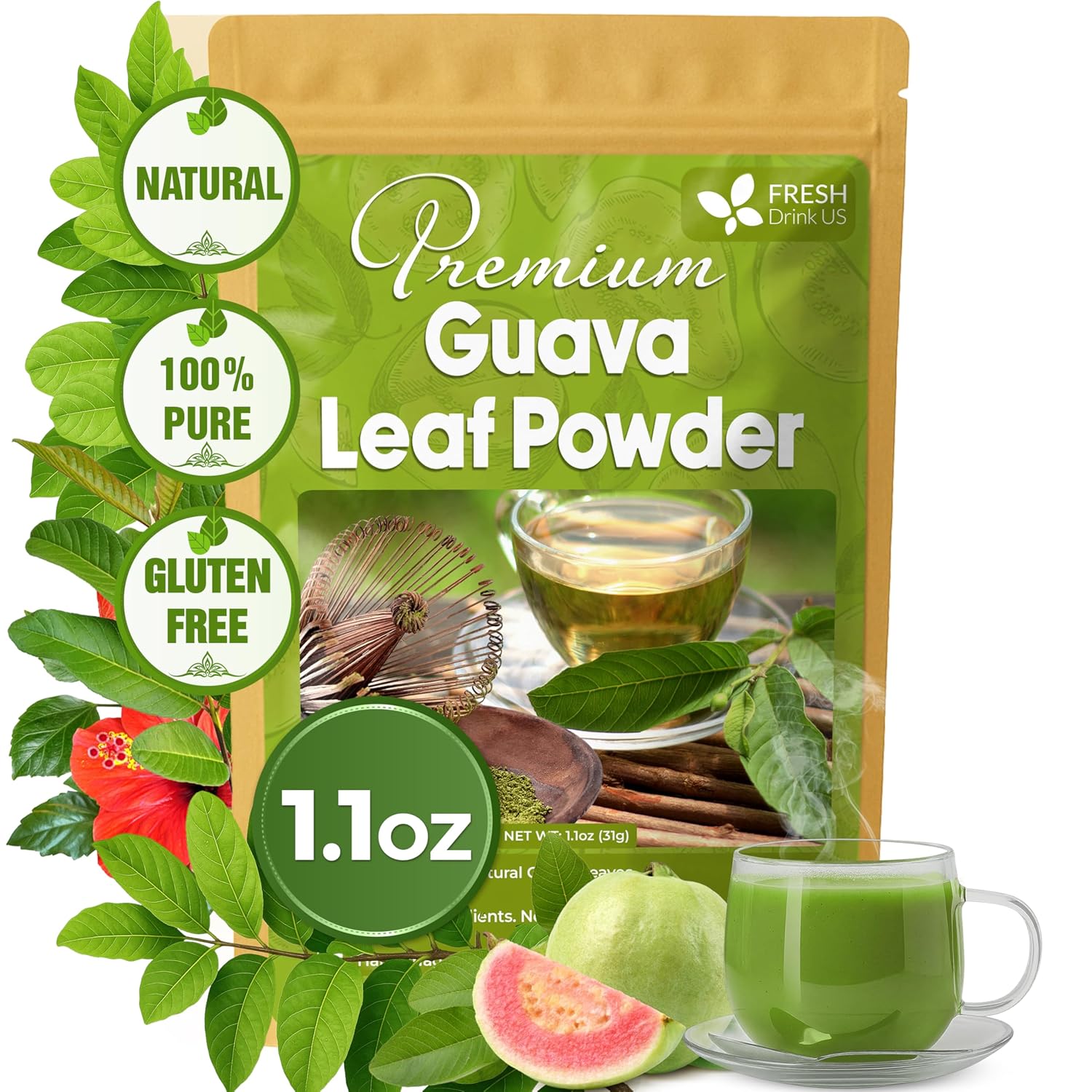 Natural Guava Leaves, Whole Dried Leaves, Cut-and-Sifted Guava leaves, 100% Pure from Guava Leaves, Natural Guava Loose Leaf Herbal Tea, No Additives, No Caffeine, Vegan by FreshDrinkUS - Natural and Premium Herbal Tea