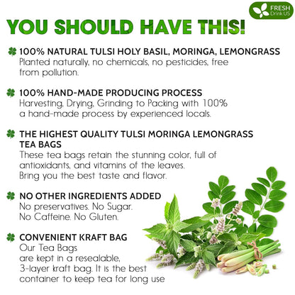 Premium Tulsi Moringa Lemongrass Tea Bags, 100% Natural &amp; Pure from Tulsi Holy Basil Leaves, Moringa &amp; Lemongrass. by FreshDrinkUS - Natural and Premium Herbal Tea