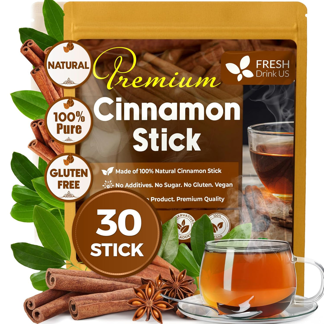 Cinnamon Sticks, Whole Sticks, 100% Natural &amp; Pure Cinnamon Inner Bark, Raw Cinnamon Spice Flavor &amp; Strong Aroma, Cinnamon Spice Herbal Tea, Perfect for Warm Beverages, No Additives, Vegan by FreshDrinkUS - Natural and Premium Herbal Tea