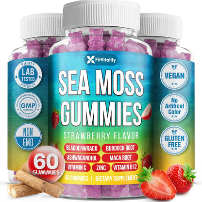 Sea Moss Gummies | Strawberry Flavor Vegan Gummies | Extra Rich 9-in-1 Formulation with Irish Sea Moss, Elderberry, Bladderwrack, Burdock, Ashwagandha, Maca, Zinc, B12 | Energy &amp; Immune Support by FreshDrinkUS - Natural and Premium Herbal Tea