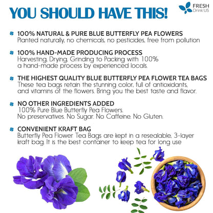 Premium Butterfly Pea Flowers, Tea Bags, 100% Natural and Pure from Butterfly Pea Flowers, Hand-made, Made With Natural Materials-Corn Fiber Tea Bag, Sugar/Caffeine/Gluten Free by FreshDrinkUS - Natural and Premium Herbal Tea