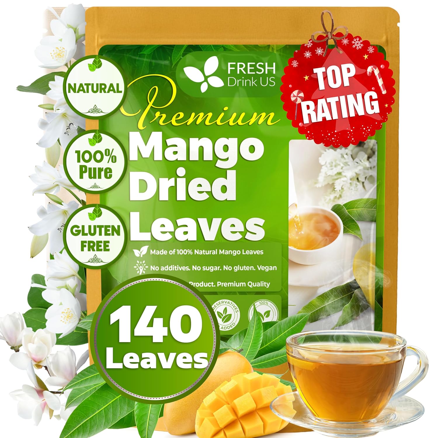 Mango Leaf, Whole Dried Leaves, Tea Bags, Powder, 100% Natural &amp; Pure from Mango Leaves. Mango Dried Leaves. Loose Leaf Mango Herbal Tea. Mango Leaf Tea. No Sugar, No Caffeine, No Gluten, Vegan. by FreshDrinkUS - Natural and Premium Herbal Tea