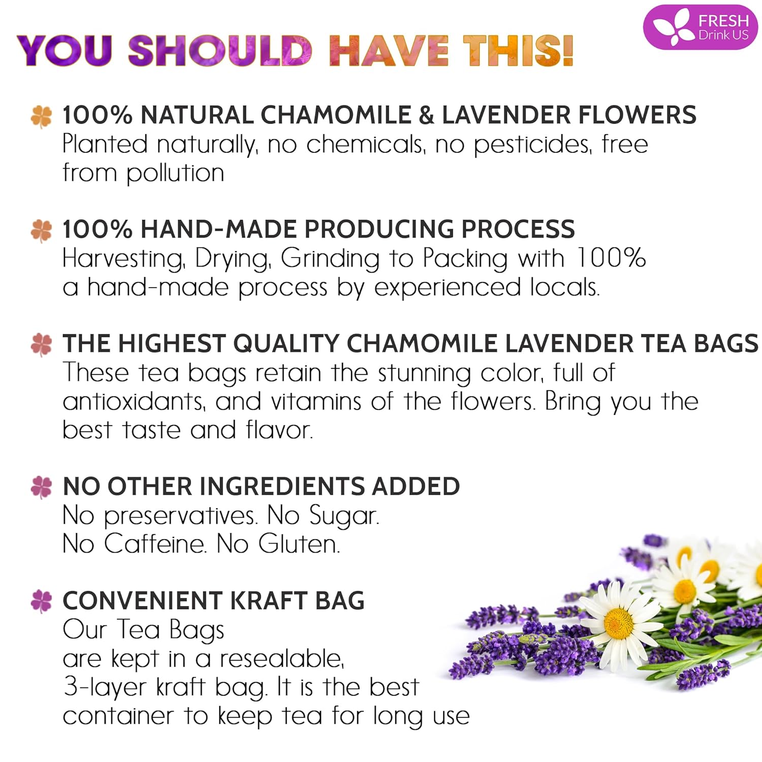 Premium Chamomile Lavender Tea Bags, Eco-conscious Tea Bags. No Sugar, No Caffeine, No Gluten, Vegan. by FreshDrinkUS - Natural and Premium Herbal Tea