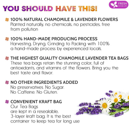 Premium Chamomile Lavender Tea Bags, Eco-conscious Tea Bags. No Sugar, No Caffeine, No Gluten, Vegan. by FreshDrinkUS - Natural and Premium Herbal Tea