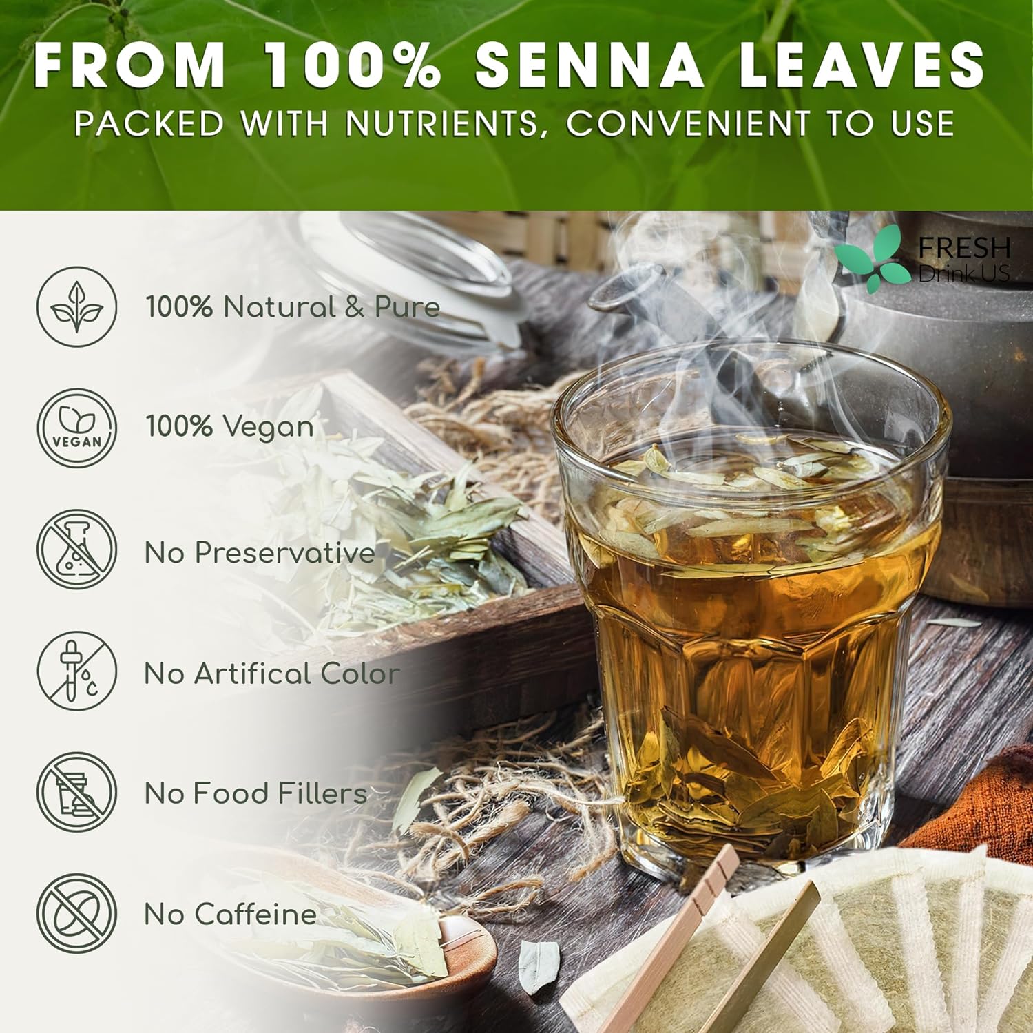 Premium Senna Leaf Tea Bags, 100% Natural &amp; Pure from Senna Leaves. Loose Leaf Senna Herbal Tea, Made with Natural Material Tea Bags, Senna Leaf Tea. No Sugar, No Caffeine, No Gluten, Vegan. by FreshDrinkUS - Natural and Premium Herbal Tea