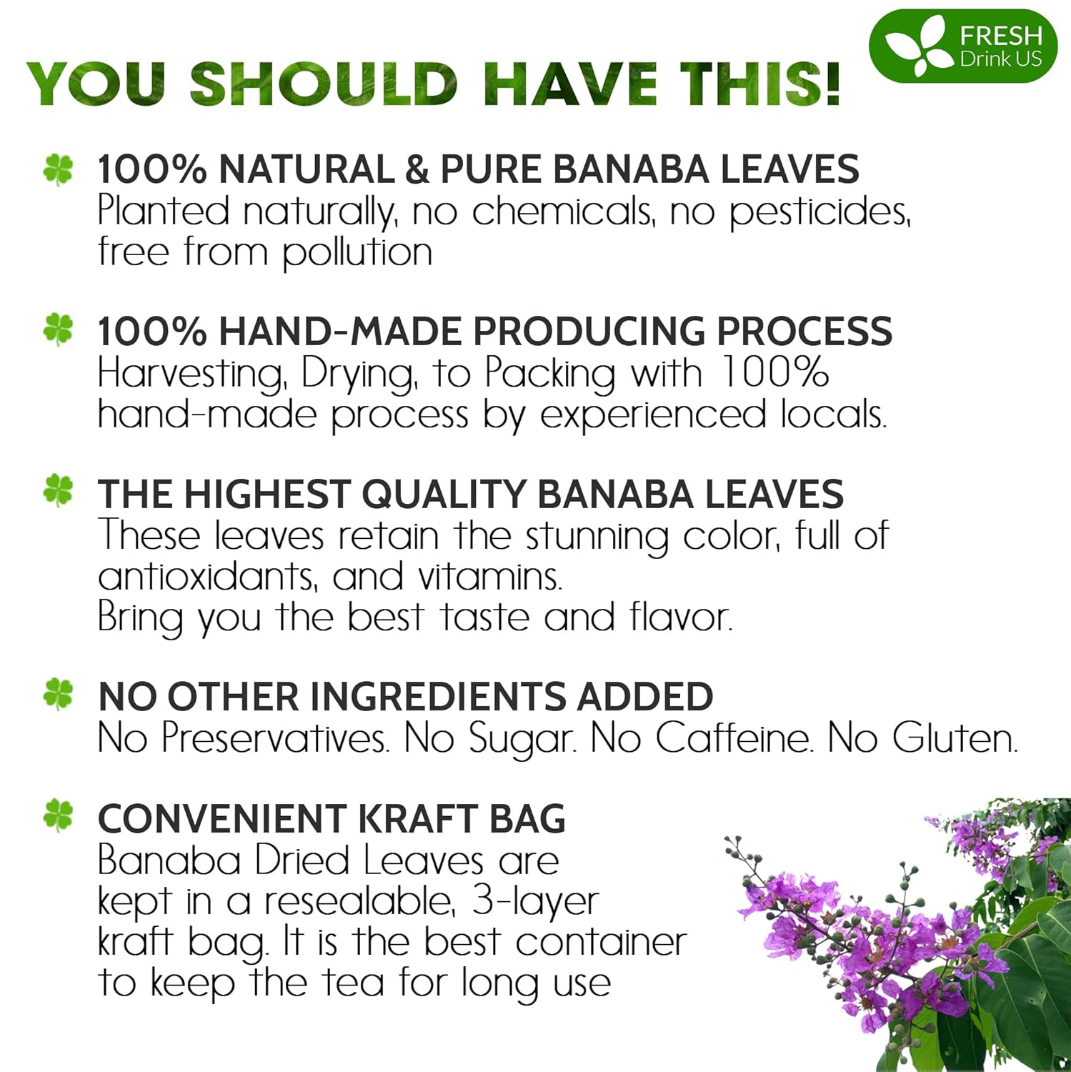 Premium Banaba Dried Leaves by FreshDrinkUS - Natural and Premium Herbal Tea