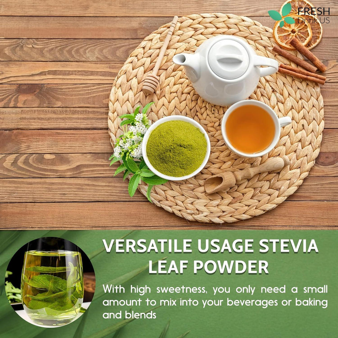 Stevia Leaf, Whole Dried Leaves, Tea Bags, Powder, 100% Natural and Pure from Stevia Leaves. Sugar Substitute for Tea, Coffee. Loose Leaf Stevia Herbal Tea. Zero Calorie Sweetener. No Sugar, No Caffeine, No Gluten, Vegan. by FreshDrinkUS - Natural and Premium Herbal Tea