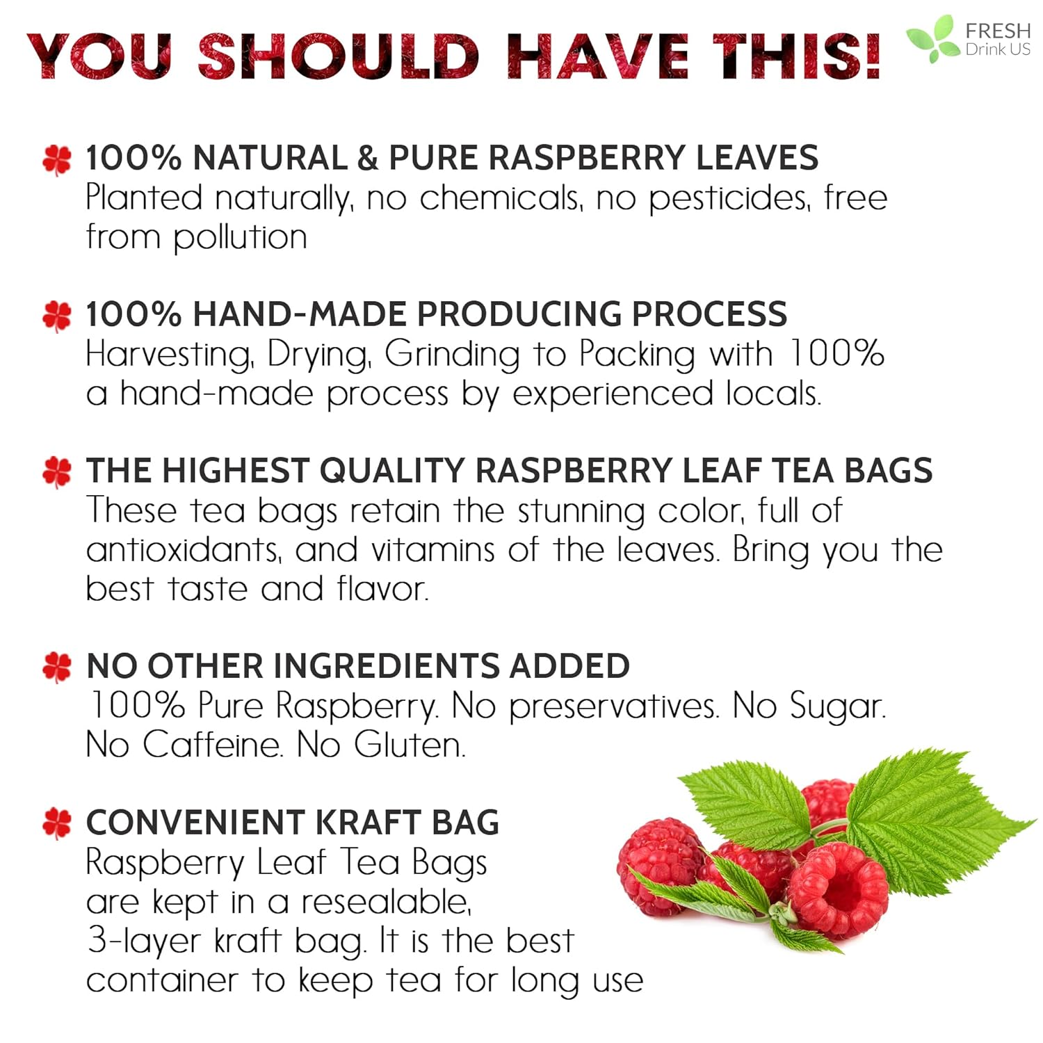 Raspberry Leaf Tea Bags, 100% Natural &amp; Pure from Raspberry Leaves. Loose Leaf Raspberry Herbal Tea, Made with Natural Material Tea Bags, Raspberry Leaf Tea. No Sugar, No Caffeine, No Gluten, Vegan. by FreshDrinkUS - Natural and Premium Herbal Tea