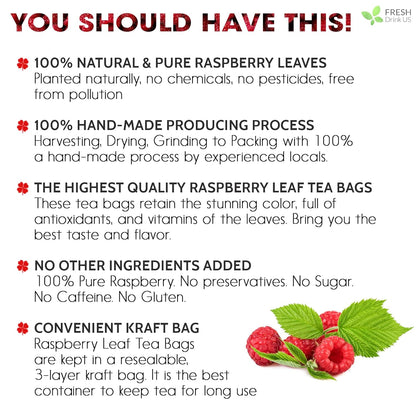 Raspberry Leaf Tea Bags, 100% Natural &amp; Pure from Raspberry Leaves. Loose Leaf Raspberry Herbal Tea, Made with Natural Material Tea Bags, Raspberry Leaf Tea. No Sugar, No Caffeine, No Gluten, Vegan. by FreshDrinkUS - Natural and Premium Herbal Tea