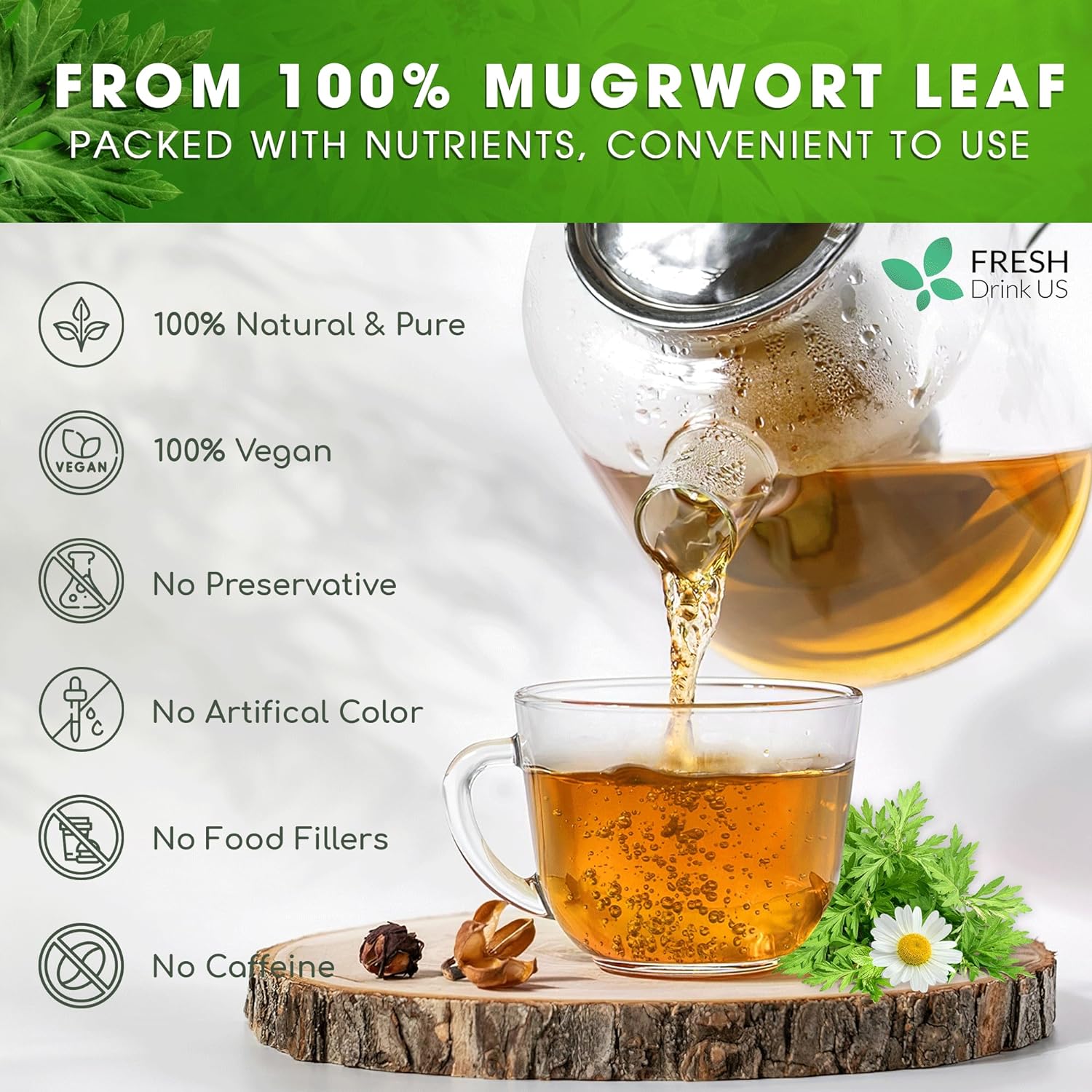 Mugwort Leaf Tea Bags, 100% Natural and Pure Mugwort Leaves, Loose Leaf Mugwort Herbal Tea, Mugwort Leaf Tea, No Sugar, No Caffeine, No Gluten, Vegan. by FreshDrinkUS - Natural and Premium Herbal Tea