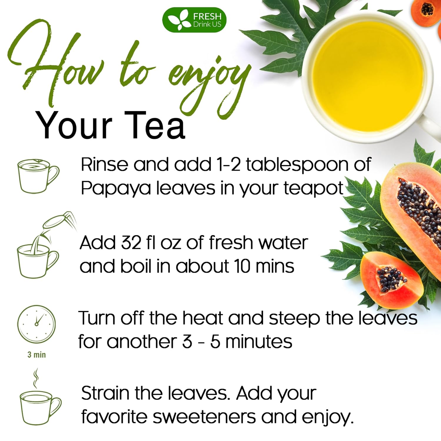 Premium Papaya Dried Leaves, Papaya Loose Leaf Herbal Tea, No Additives, No Caffeine, Vegan by FreshDrinkUS - Natural and Premium Herbal Tea