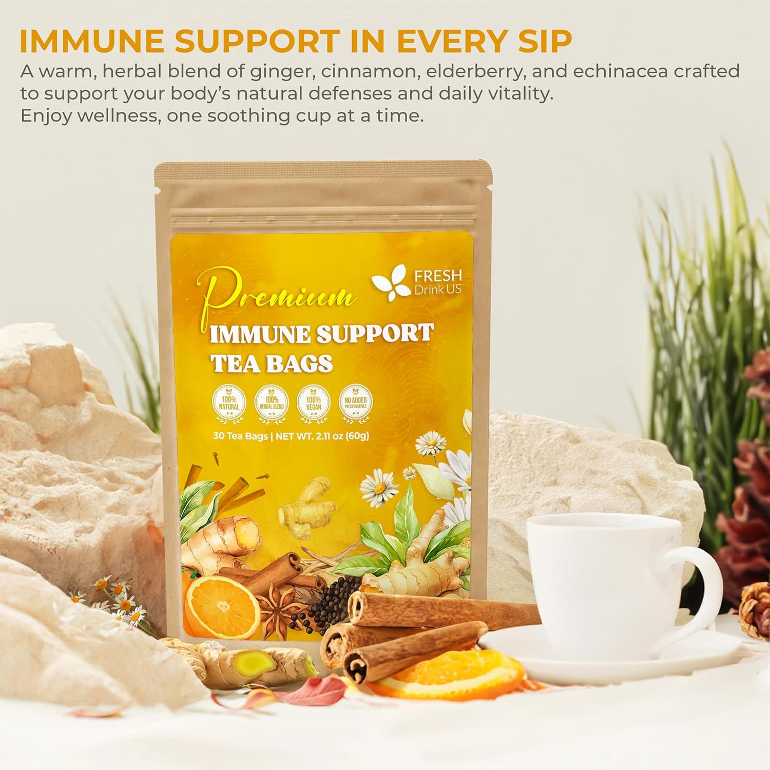 Premium Immune Support Herbal Tea Bags by FreshDrinkUS - Natural and Premium Herbal Tea
