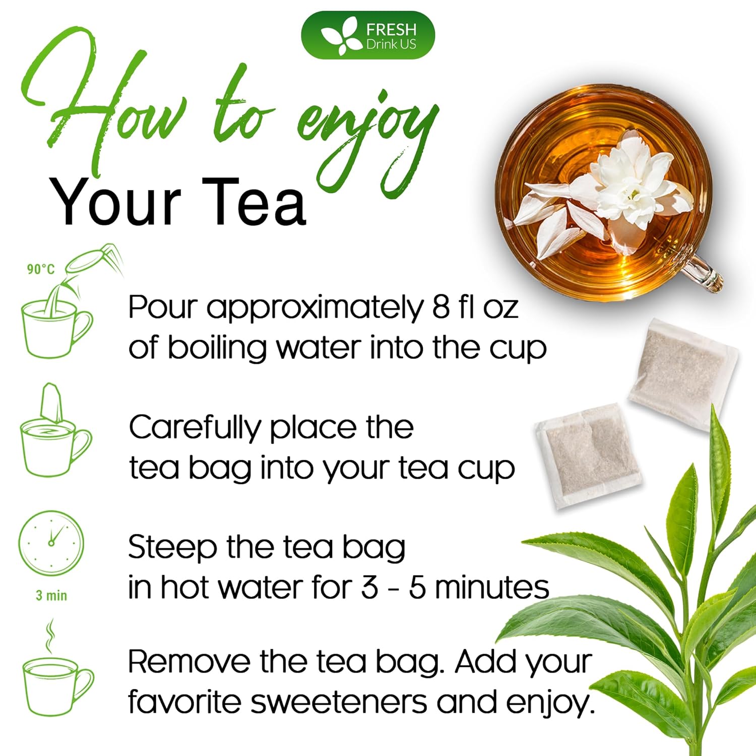 Premium Jasmine Green Tea Bags. Jasmine Green Herbal Tea. Made with Natural Material Tea Bags. No Sugar, No Gluten, Vegan. by FreshDrinkUS - Natural and Premium Herbal Tea