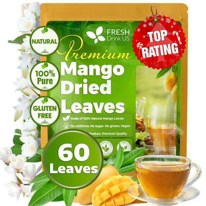 Mango Leaf, Whole Dried Leaves, Tea Bags, Powder, 100% Natural &amp; Pure from Mango Leaves. Mango Dried Leaves. Loose Leaf Mango Herbal Tea. Mango Leaf Tea. No Sugar, No Caffeine, No Gluten, Vegan. by FreshDrinkUS - Natural and Premium Herbal Tea