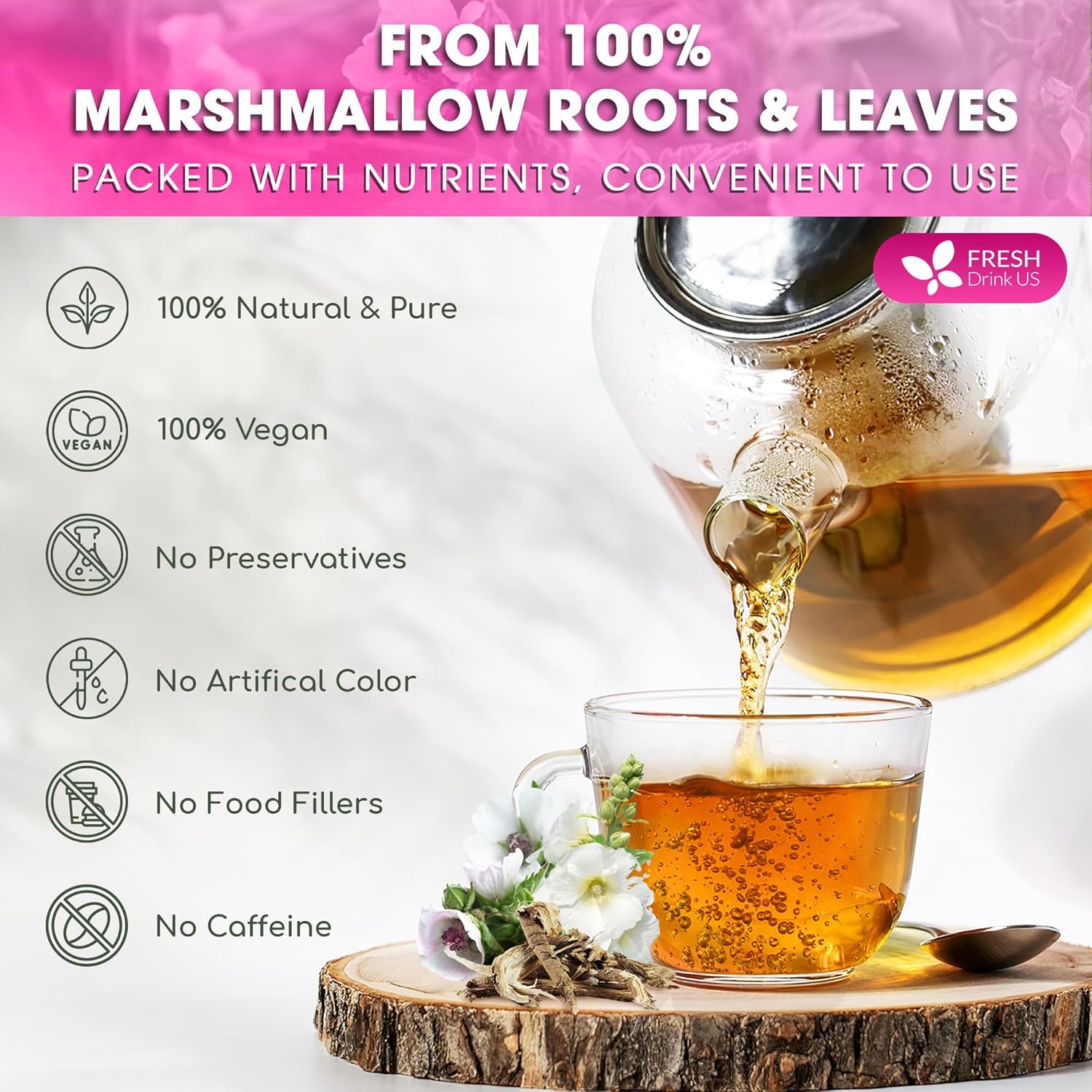 Premium Marshmallow Root and Leaf Tea Bags, 100% Natural &amp; Pure. by FreshDrinkUS - Natural and Premium Herbal Tea