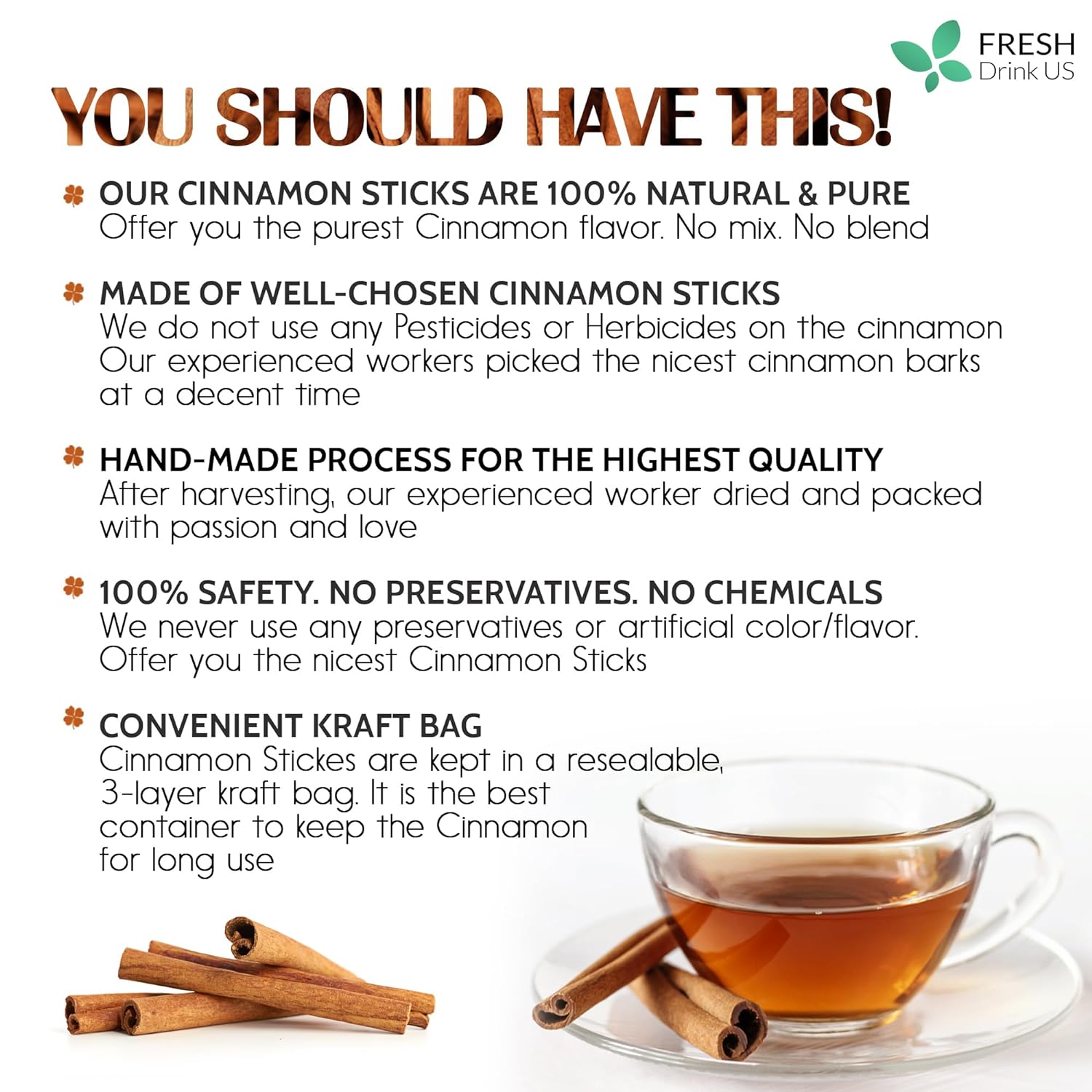 Cinnamon Sticks, Whole Sticks, 100% Natural &amp; Pure Cinnamon Inner Bark, Raw Cinnamon Spice Flavor &amp; Strong Aroma, Cinnamon Spice Herbal Tea, Perfect for Warm Beverages, No Additives, Vegan by FreshDrinkUS - Natural and Premium Herbal Tea