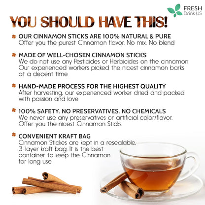 Cinnamon Sticks, Whole Sticks, 100% Natural &amp; Pure Cinnamon Inner Bark, Raw Cinnamon Spice Flavor &amp; Strong Aroma, Cinnamon Spice Herbal Tea, Perfect for Warm Beverages, No Additives, Vegan by FreshDrinkUS - Natural and Premium Herbal Tea