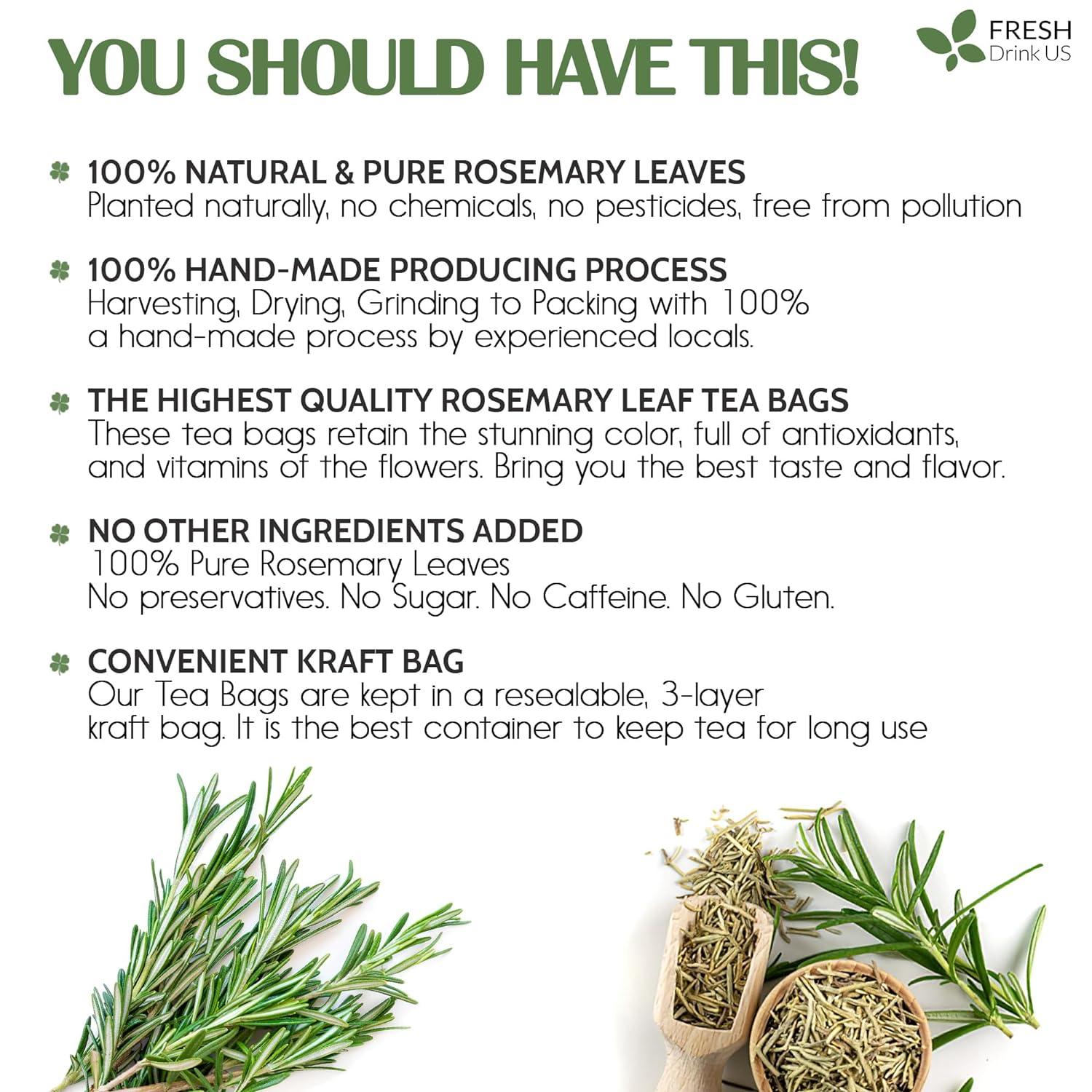 Premium Rosemary Leaves, Tea Bags, Powder, 100% Natural &amp; Pure from Dried Rosemary Leaves, No Additives, No Caffeine, Vegan. Dried Rosemary Herb, Perfect for Seasoning, Spice Blends for Grilling &amp; Cooking by FreshDrinkUS - Natural and Premium Herbal Tea