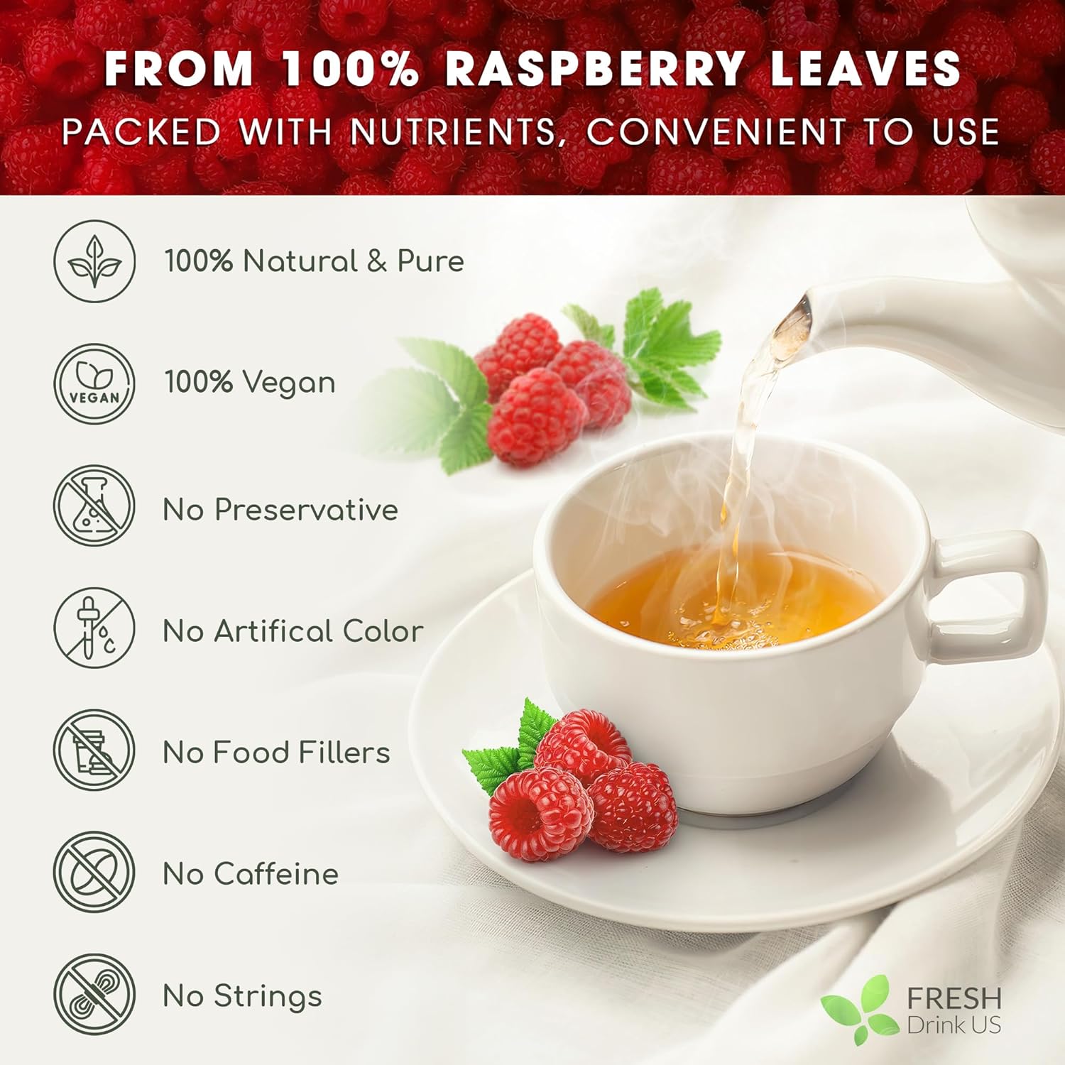 Raspberry Leaf Tea Bags, 100% Natural &amp; Pure from Raspberry Leaves. Loose Leaf Raspberry Herbal Tea, Made with Natural Material Tea Bags, Raspberry Leaf Tea. No Sugar, No Caffeine, No Gluten, Vegan. by FreshDrinkUS - Natural and Premium Herbal Tea