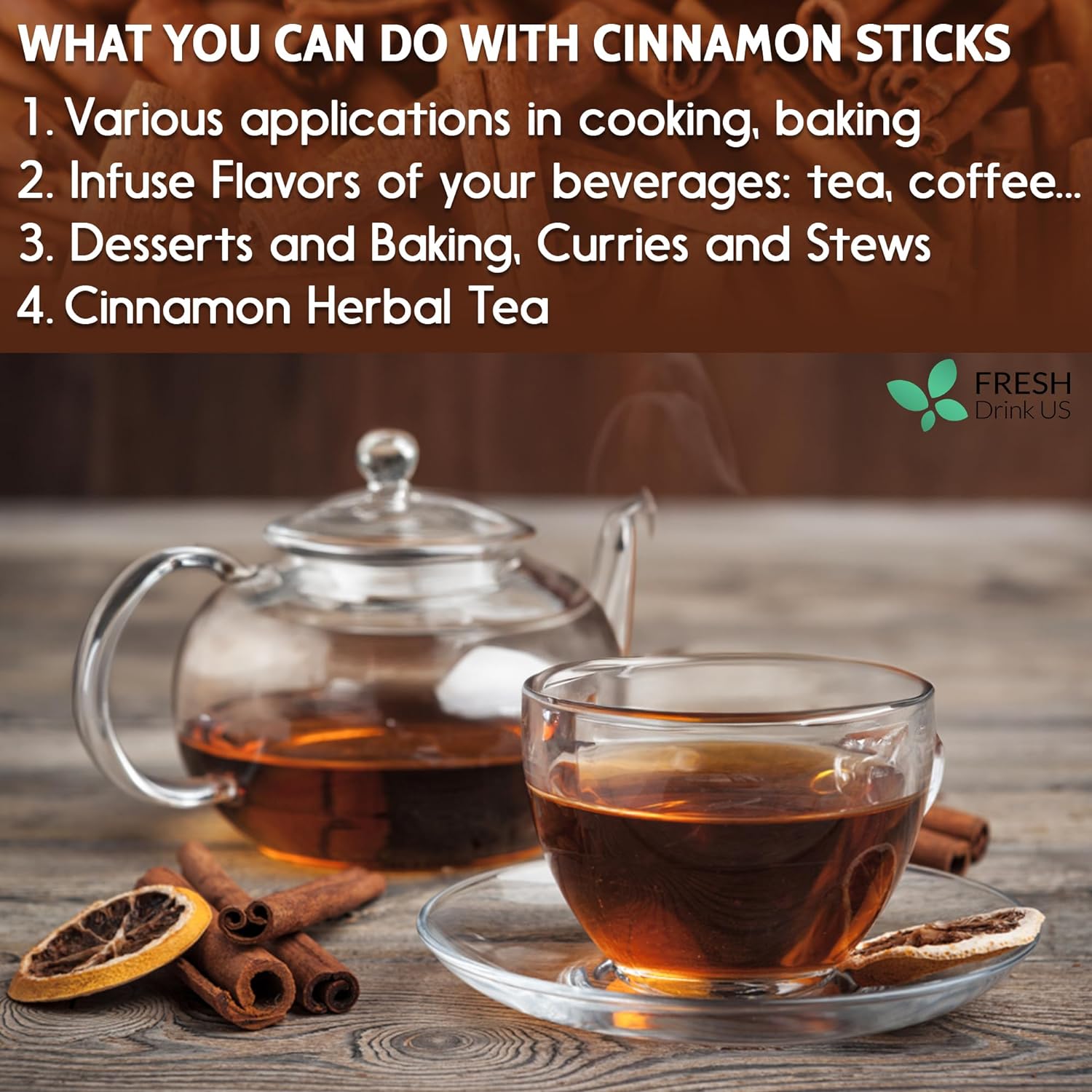 Cinnamon Sticks, Whole Sticks, 100% Natural &amp; Pure Cinnamon Inner Bark, Raw Cinnamon Spice Flavor &amp; Strong Aroma, Cinnamon Spice Herbal Tea, Perfect for Warm Beverages, No Additives, Vegan by FreshDrinkUS - Natural and Premium Herbal Tea