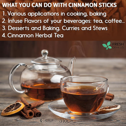 Cinnamon Sticks, Whole Sticks, 100% Natural &amp; Pure Cinnamon Inner Bark, Raw Cinnamon Spice Flavor &amp; Strong Aroma, Cinnamon Spice Herbal Tea, Perfect for Warm Beverages, No Additives, Vegan by FreshDrinkUS - Natural and Premium Herbal Tea