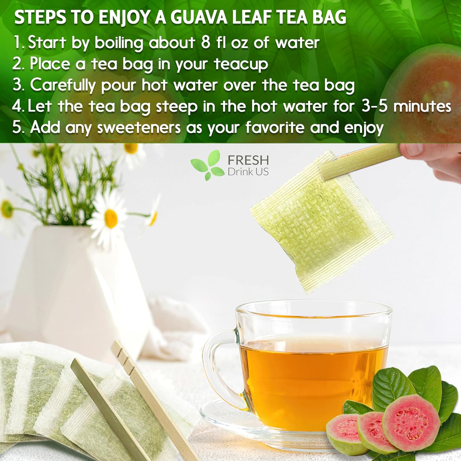 Natural Guava Leaves, Whole Dried Leaves, Cut-and-Sifted Guava leaves, 100% Pure from Guava Leaves, Natural Guava Loose Leaf Herbal Tea, No Additives, No Caffeine, Vegan by FreshDrinkUS - Natural and Premium Herbal Tea