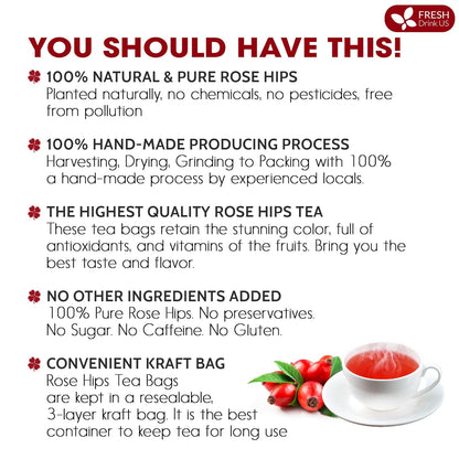 Premium Rosehip Tea Bags, 100% Natural &amp; Pure from Rose Hip Fruits. by FreshDrinkUS - Natural and Premium Herbal Tea