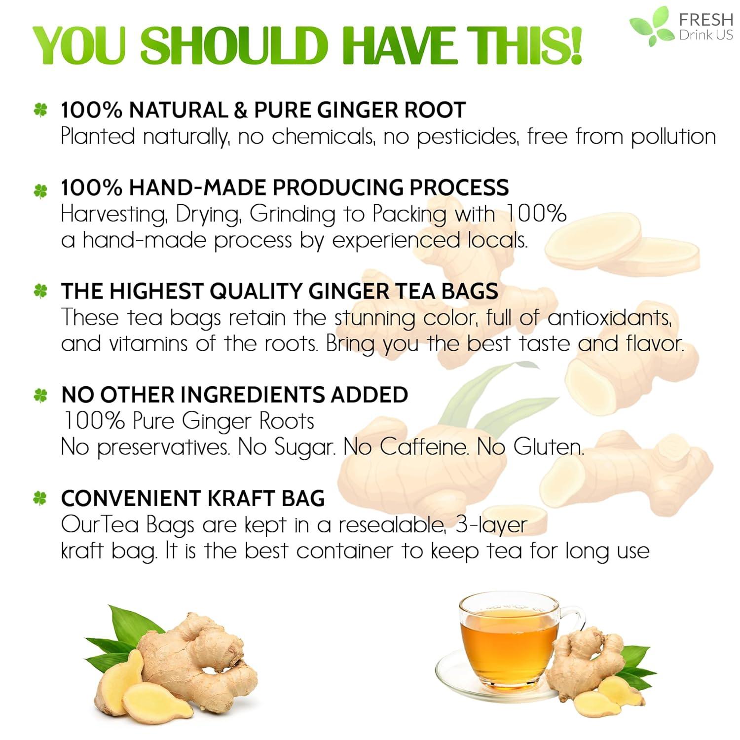 Premium Ginger Tea Bags, 100% Natural &amp; Pure from Ginger Roots, Ginger Tea, Ginger Herbal Tea. Ginger Tea. No Sugar, No Caffeine, No Gluten, Vegan. by FreshDrinkUS - Natural and Premium Herbal Tea