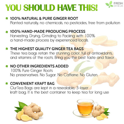 Premium Ginger Tea Bags, 100% Natural &amp; Pure from Ginger Roots, Ginger Tea, Ginger Herbal Tea. Ginger Tea. No Sugar, No Caffeine, No Gluten, Vegan. by FreshDrinkUS - Natural and Premium Herbal Tea