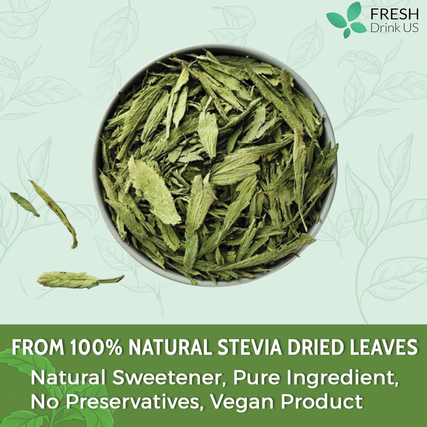 Stevia Leaf, Whole Dried Leaves, Tea Bags, Powder, 100% Natural and Pure from Stevia Leaves. Sugar Substitute for Tea, Coffee. Loose Leaf Stevia Herbal Tea. Zero Calorie Sweetener. No Sugar, No Caffeine, No Gluten, Vegan. by FreshDrinkUS - Natural and Premium Herbal Tea