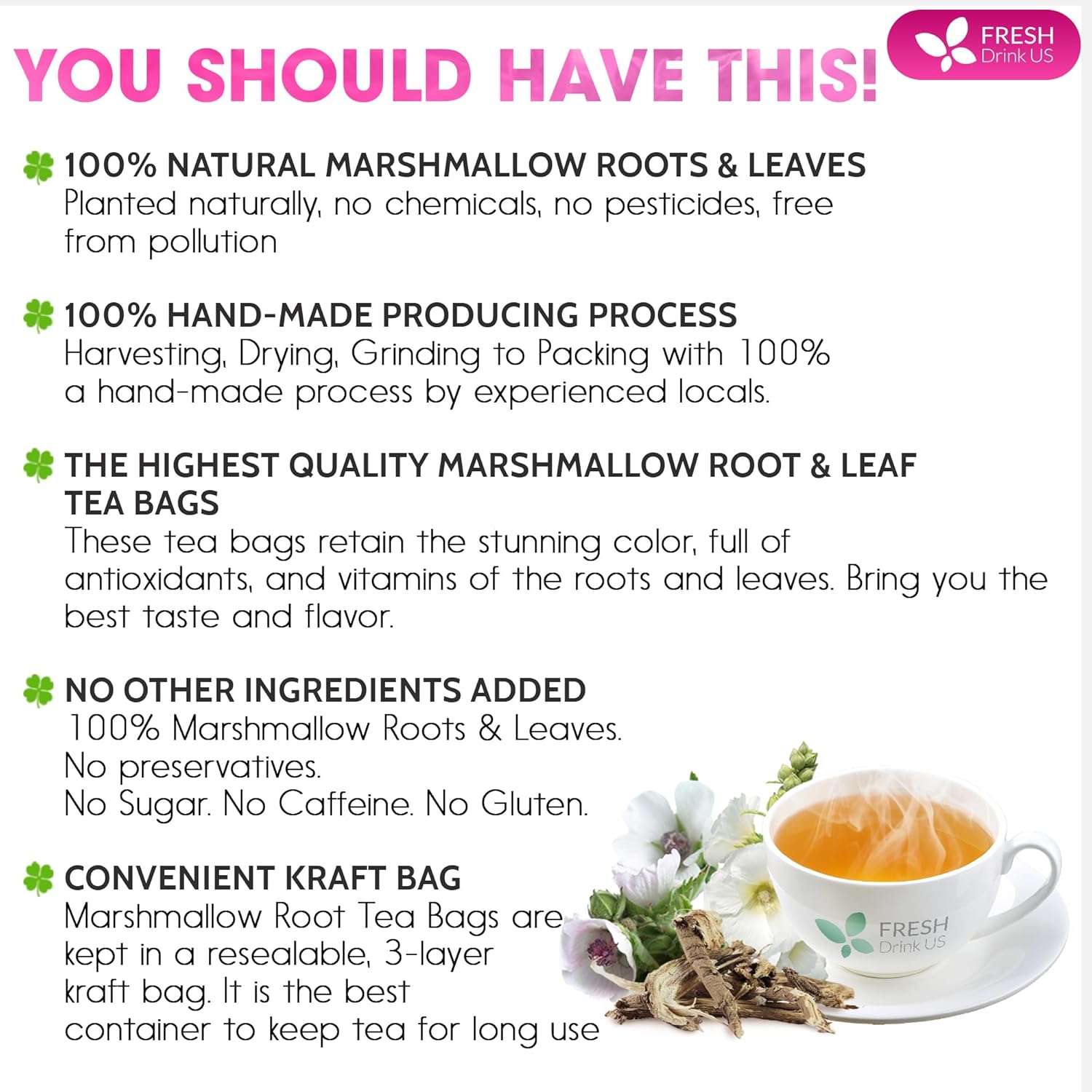 Premium Marshmallow Root and Leaf Tea Bags, 100% Natural &amp; Pure. by FreshDrinkUS - Natural and Premium Herbal Tea