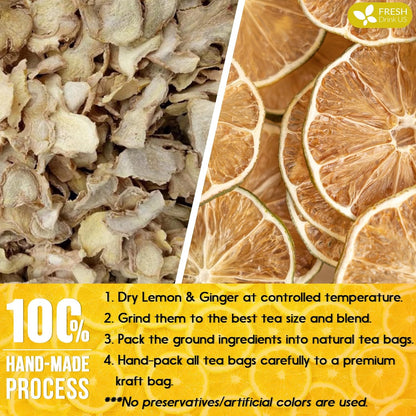 Premium Lemon Ginger Tea Bag, Eco-conscious Tea Bags. Lemon Ginger Herbal Tea. No Sugar, No Caffeine, No Gluten, Vegan. by FreshDrinkUS - Natural and Premium Herbal Tea