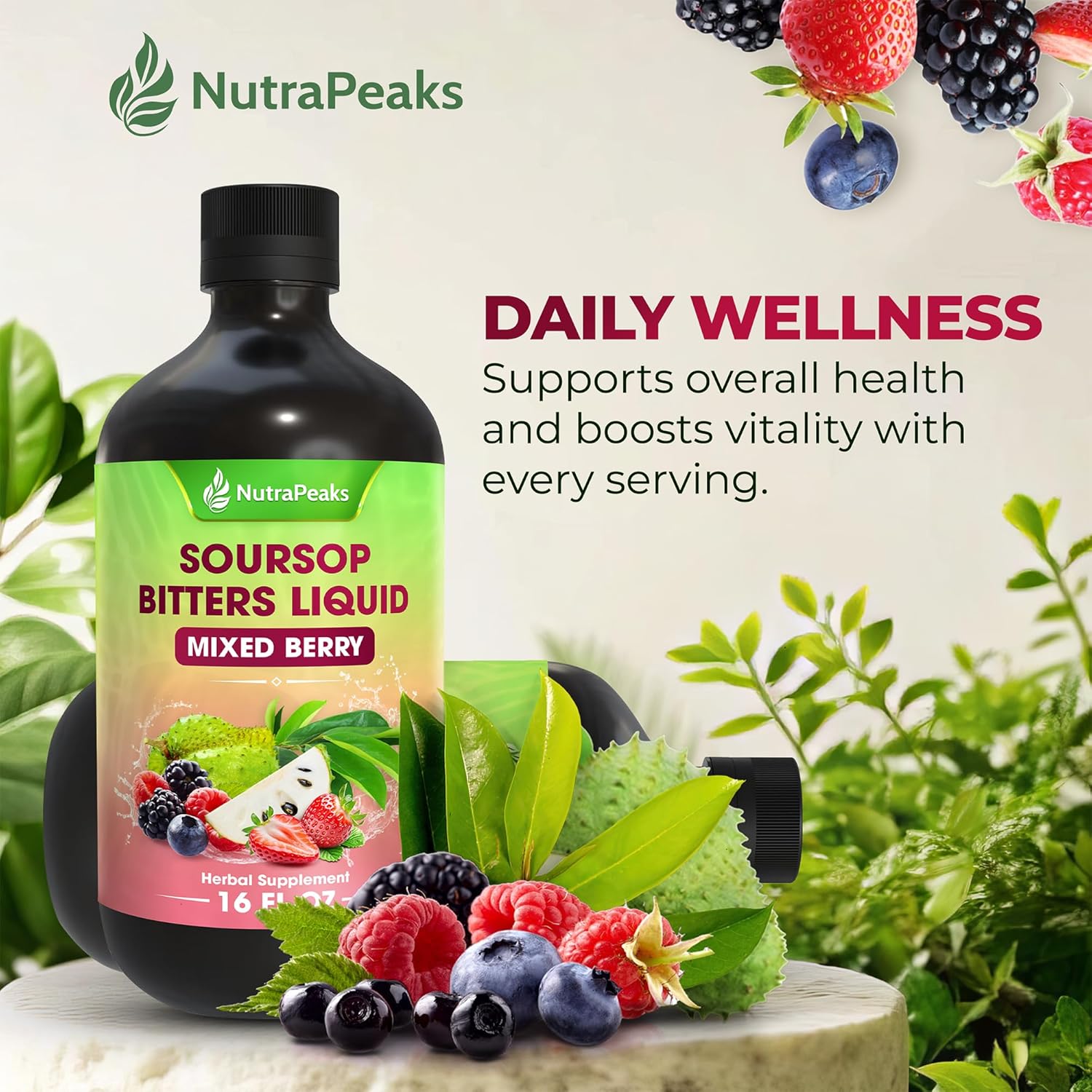 Soursop Bitters Liquid – Herbal Daily Wellness Formula with Soursop, Ginger, Turmeric &amp; Black Seed Mixed Berry Flavor by FreshDrinkUS - Natural and Premium Herbal Tea