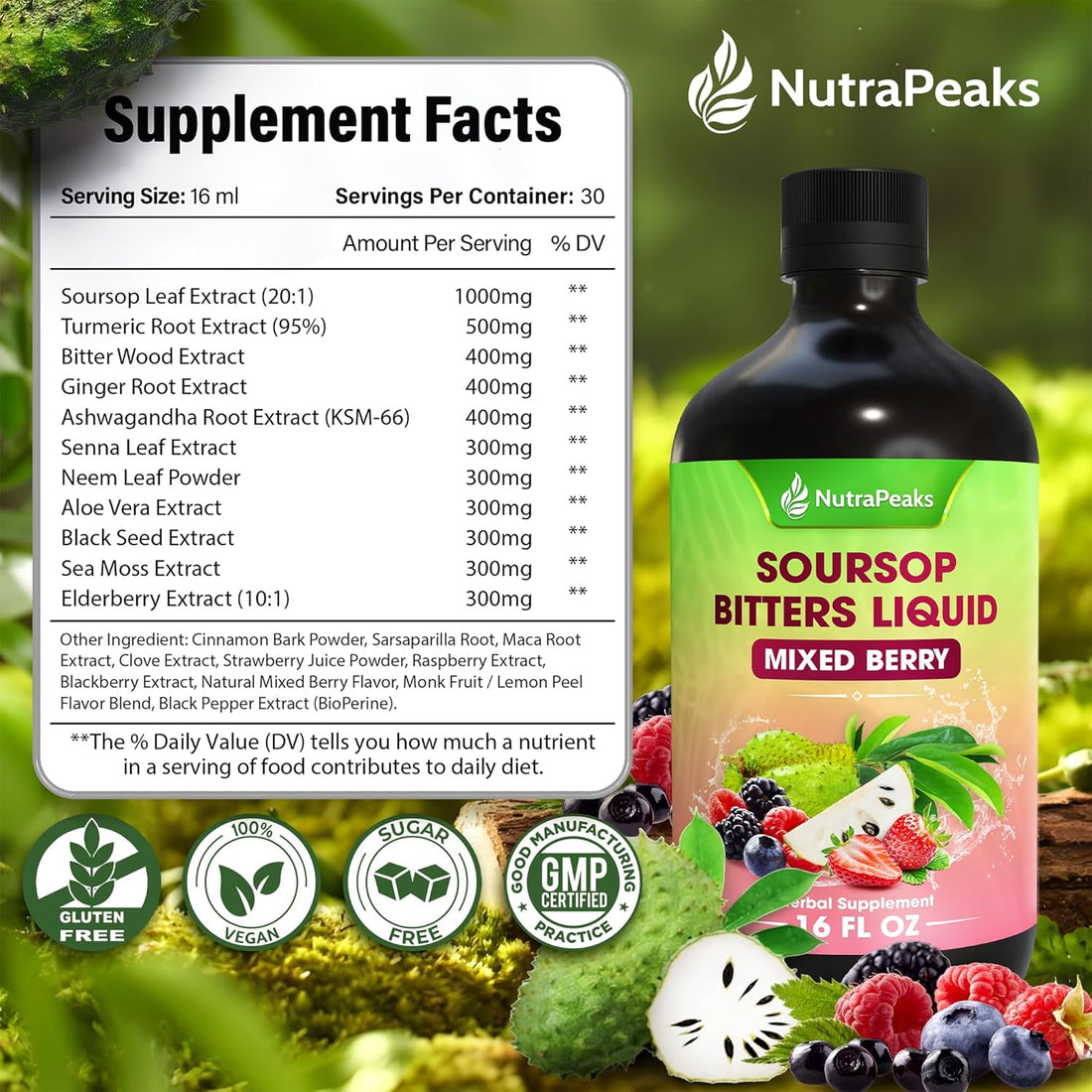 Soursop Bitters Liquid – Herbal Daily Wellness Formula with Soursop, Ginger, Turmeric &amp; Black Seed Mixed Berry Flavor by FreshDrinkUS - Natural and Premium Herbal Tea