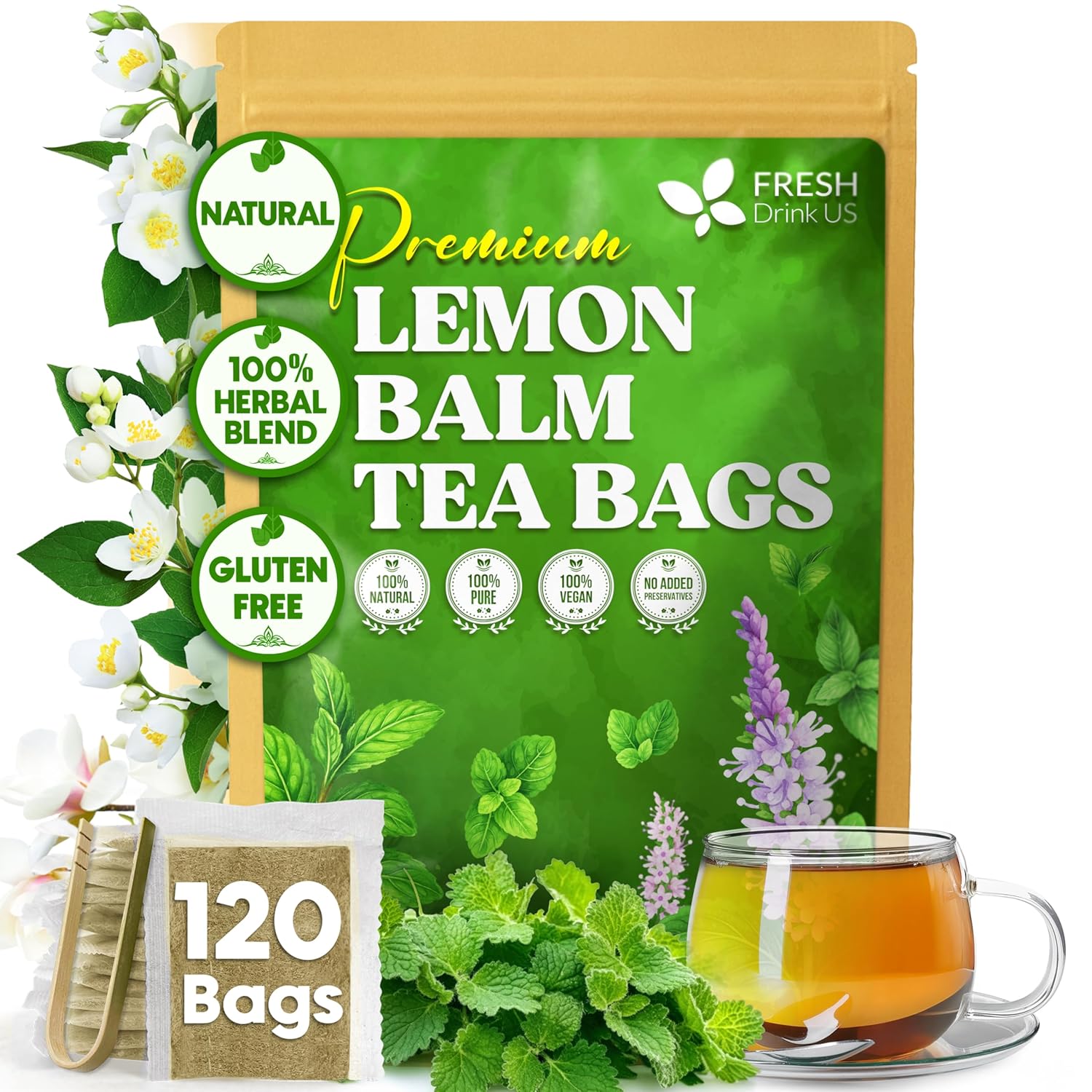 Premium Lemon Balm Leaf Tea Bags, 100% Natural &amp; Pure from Lemon Balm Leaves. Loose Leaf Lemon Balm Herbal Tea. Lemon Balm Leaf Tea. No Sugar, No Caffeine, No Gluten, Vegan. by FreshDrinkUS - Natural and Premium Herbal Tea