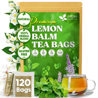 Premium Lemon Balm Leaf Tea Bags, 100% Natural &amp; Pure from Lemon Balm Leaves. Loose Leaf Lemon Balm Herbal Tea. Lemon Balm Leaf Tea. No Sugar, No Caffeine, No Gluten, Vegan. by FreshDrinkUS - Natural and Premium Herbal Tea