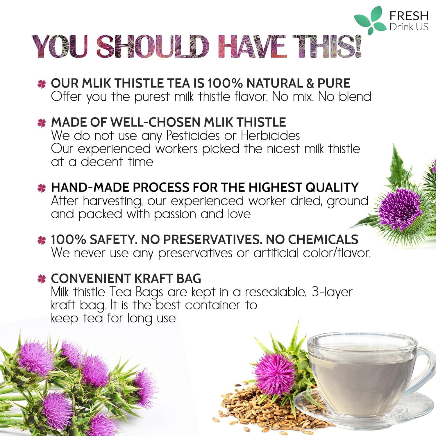 Premium Milk Thistle Tea Bags, 100% Natural &amp; Pure from Milk Thistle Seeds. Milk Thistle Seed Herbal Tea. Milk Thistle Seed Tea. Made with Natural Material Tea Bags. No Sugar, No Caffeine, No Gluten, Vegan. by FreshDrinkUS - Natural and Premium Herbal Tea