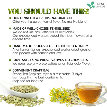 Premium Fennel Tea Bags, 100% Natural &amp; Pure from Fennel Seeds. Fennel Seed Herbal Tea. Fennel Seed Tea. Made with Natural Material Tea Bags. No Sugar, No Caffeine, No Gluten, Vegan. by FreshDrinkUS - Natural and Premium Herbal Tea