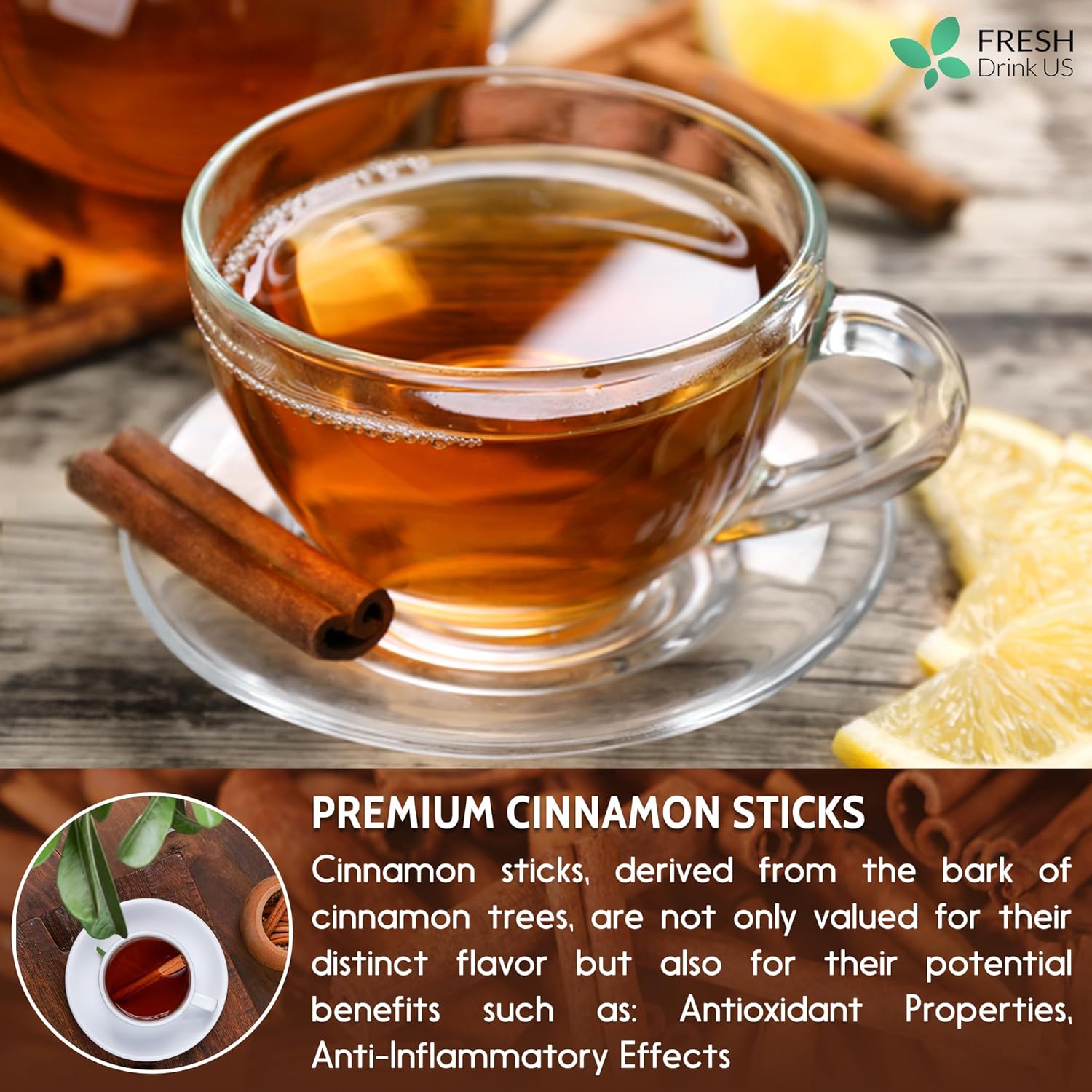 Cinnamon Sticks, Whole Sticks, 100% Natural &amp; Pure Cinnamon Inner Bark, Raw Cinnamon Spice Flavor &amp; Strong Aroma, Cinnamon Spice Herbal Tea, Perfect for Warm Beverages, No Additives, Vegan by FreshDrinkUS - Natural and Premium Herbal Tea