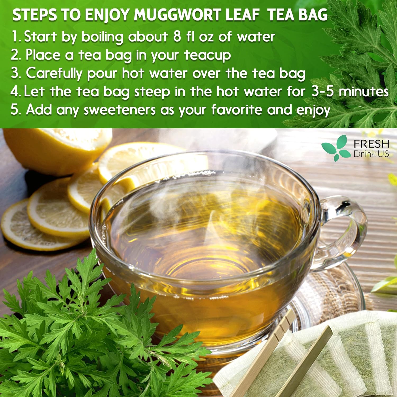 Mugwort Leaf Tea Bags, 100% Natural and Pure Mugwort Leaves, Loose Leaf Mugwort Herbal Tea, Mugwort Leaf Tea, No Sugar, No Caffeine, No Gluten, Vegan. by FreshDrinkUS - Natural and Premium Herbal Tea