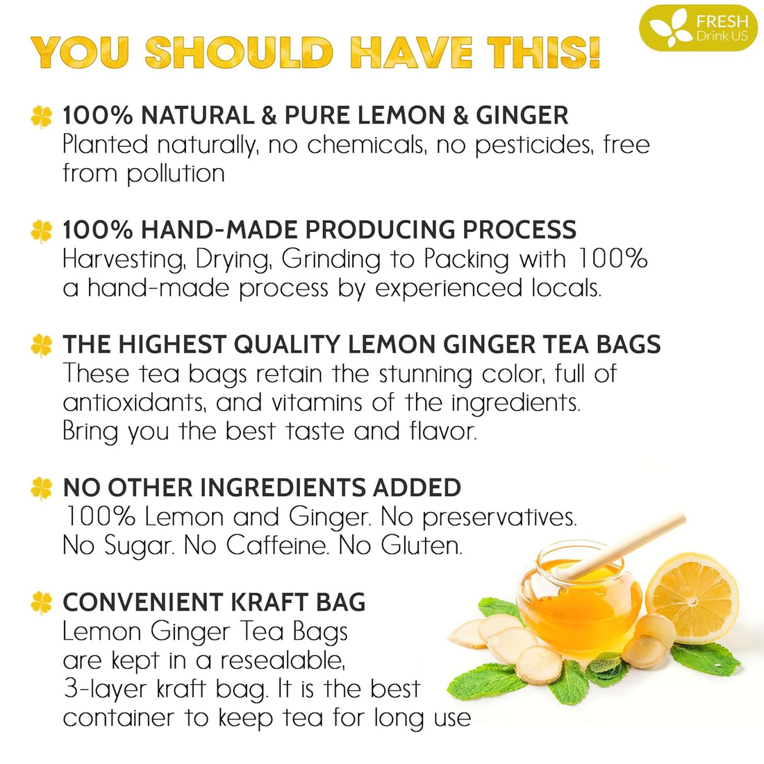 Premium Lemon Ginger Tea Bag, Eco-conscious Tea Bags. Lemon Ginger Herbal Tea. No Sugar, No Caffeine, No Gluten, Vegan. by FreshDrinkUS - Natural and Premium Herbal Tea