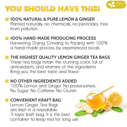 Premium Lemon Ginger Tea Bag, Eco-conscious Tea Bags. Lemon Ginger Herbal Tea. No Sugar, No Caffeine, No Gluten, Vegan. by FreshDrinkUS - Natural and Premium Herbal Tea