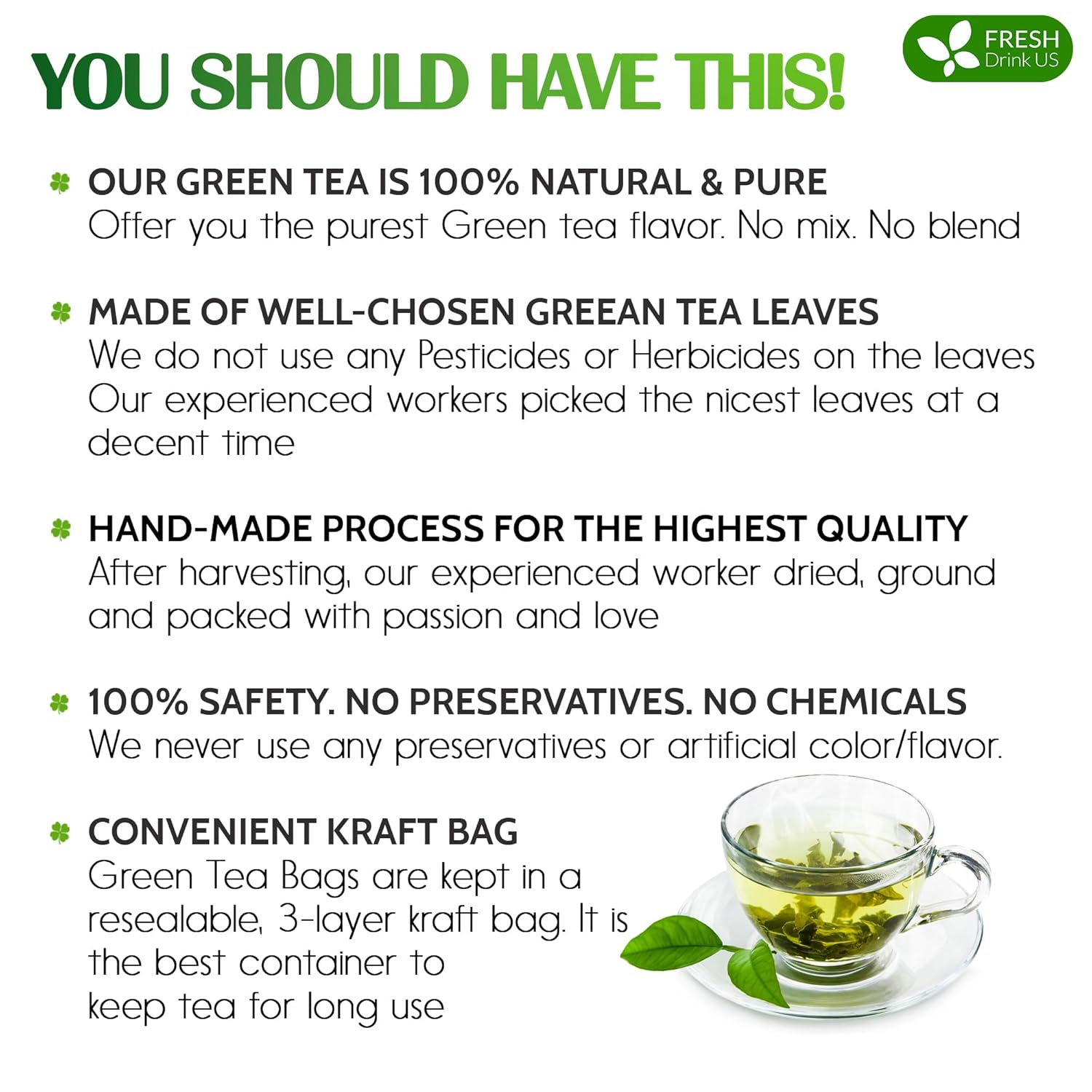 Premium Green Tea Bags, 100% Natural &amp; Pure from Green Tea. Green Herbal Tea. No Sugar, No Gluten, Vegan by FreshDrinkUS - Natural and Premium Herbal Tea