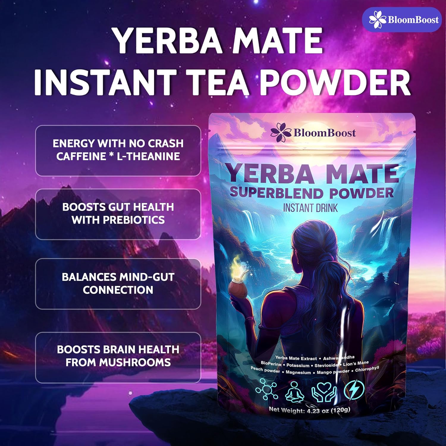 Yerba Mate Instant Tea Powder | Superfood Energy &amp; Focus Blend by FreshDrinkUS - Natural and Premium Herbal Tea