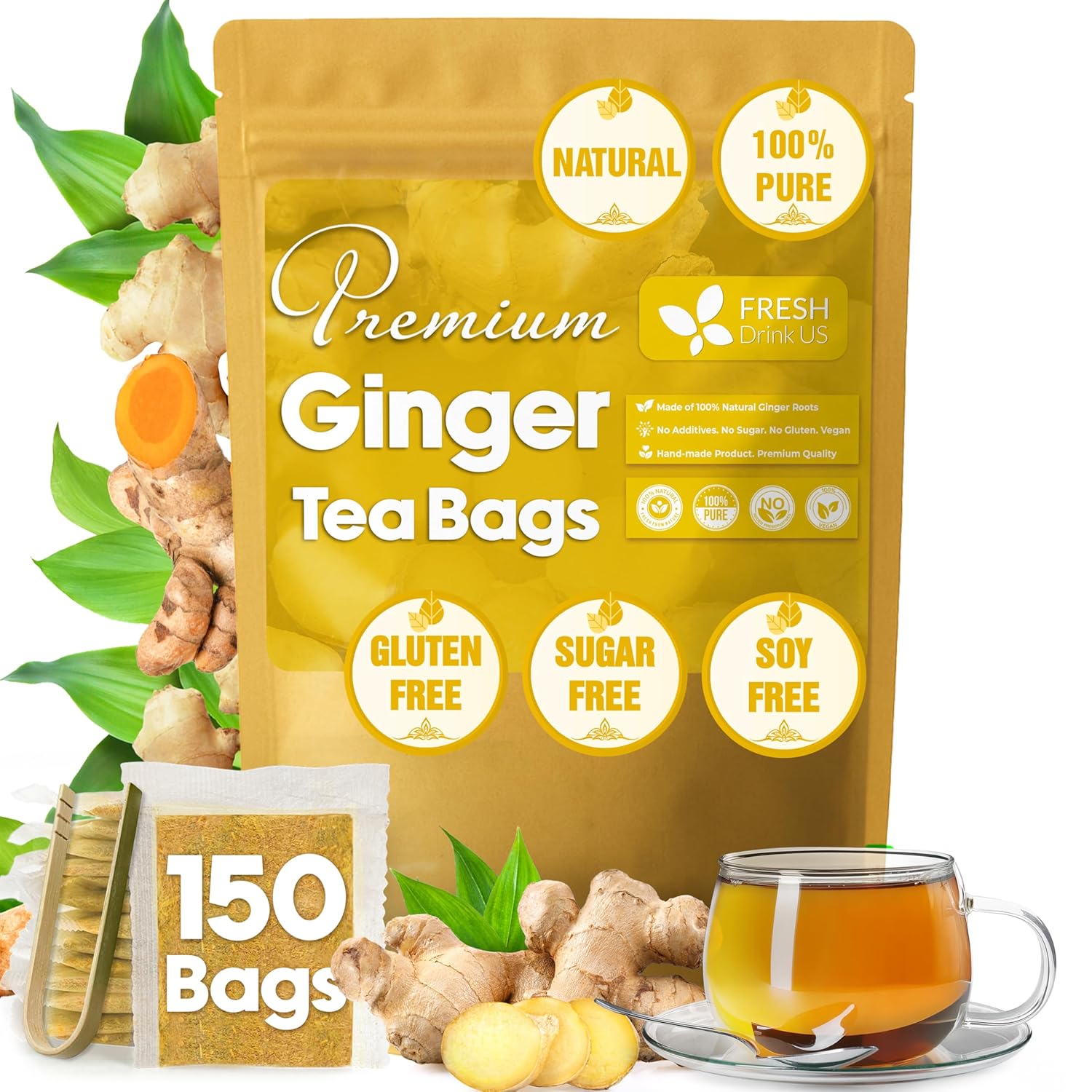 Premium Ginger Tea Bags, 100% Natural &amp; Pure from Ginger Roots, Ginger Tea, Ginger Herbal Tea. Ginger Tea. No Sugar, No Caffeine, No Gluten, Vegan. by FreshDrinkUS - Natural and Premium Herbal Tea