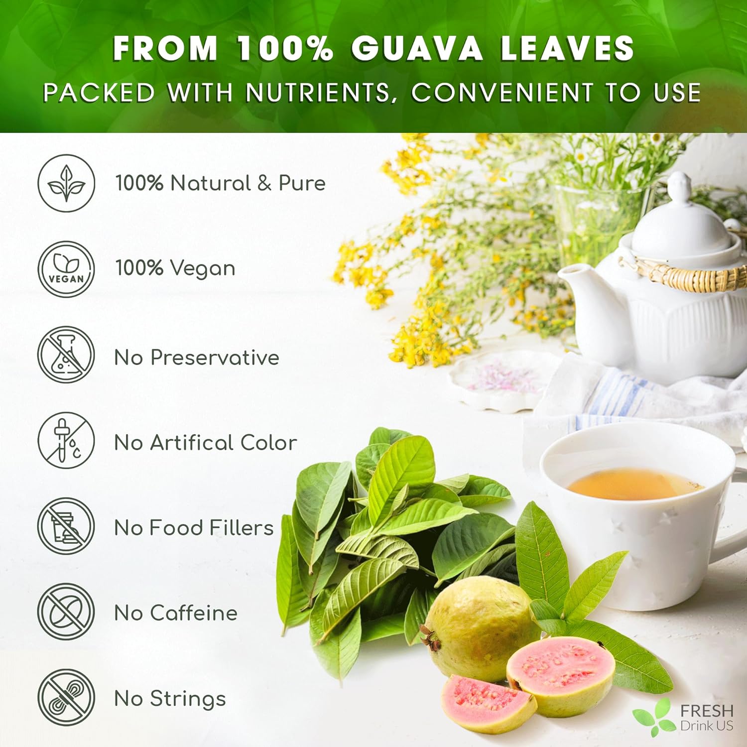 Natural Guava Leaves, Whole Dried Leaves, Cut-and-Sifted Guava leaves, 100% Pure from Guava Leaves, Natural Guava Loose Leaf Herbal Tea, No Additives, No Caffeine, Vegan by FreshDrinkUS - Natural and Premium Herbal Tea