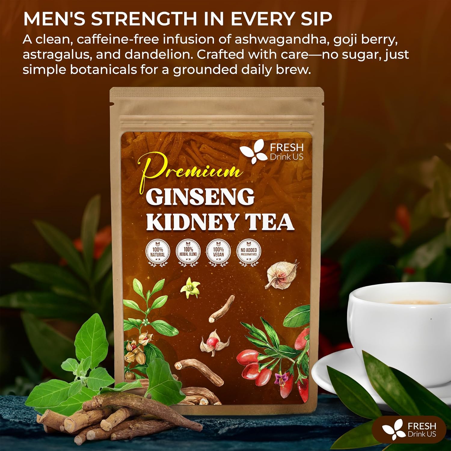Ginseng 6 Treasures Kidney Tea, Super Kidney Cleanse Detox Tea For Men &amp; Women, 100% Natural Roots &amp; Berries | Caffeine-Free | Adaptogenic Blend for Energy, Wellness &amp; Vitality Support by FreshDrinkUS - Natural and Premium Herbal Tea