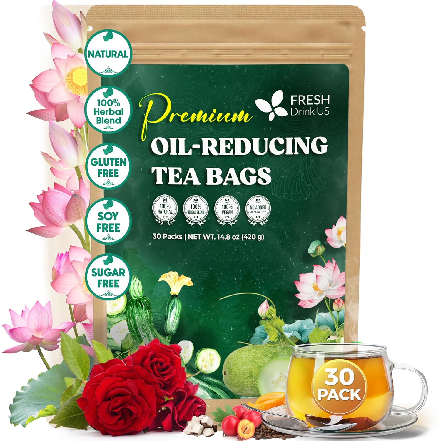 Oil Reducing Tea, Oil Cleansing for Liver, 10 Herbal Ingredients, Traditional Recipe Tea for Liver, 100% Natural, Easy Brewing, Steep Repeatedly (Tea Bags/ Tea Packs) by FreshDrinkUS - Natural and Premium Herbal Tea